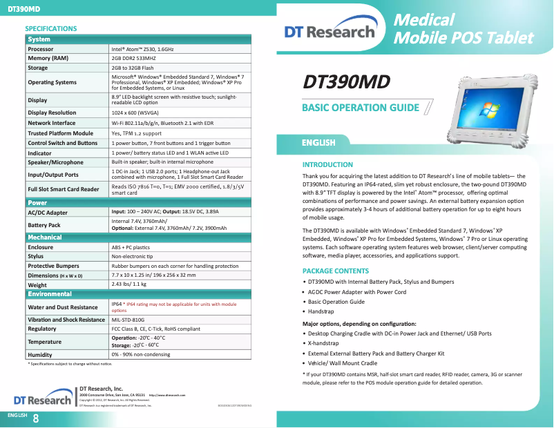 Page n°1 - Manuel utilisateur DT Research DT390MD