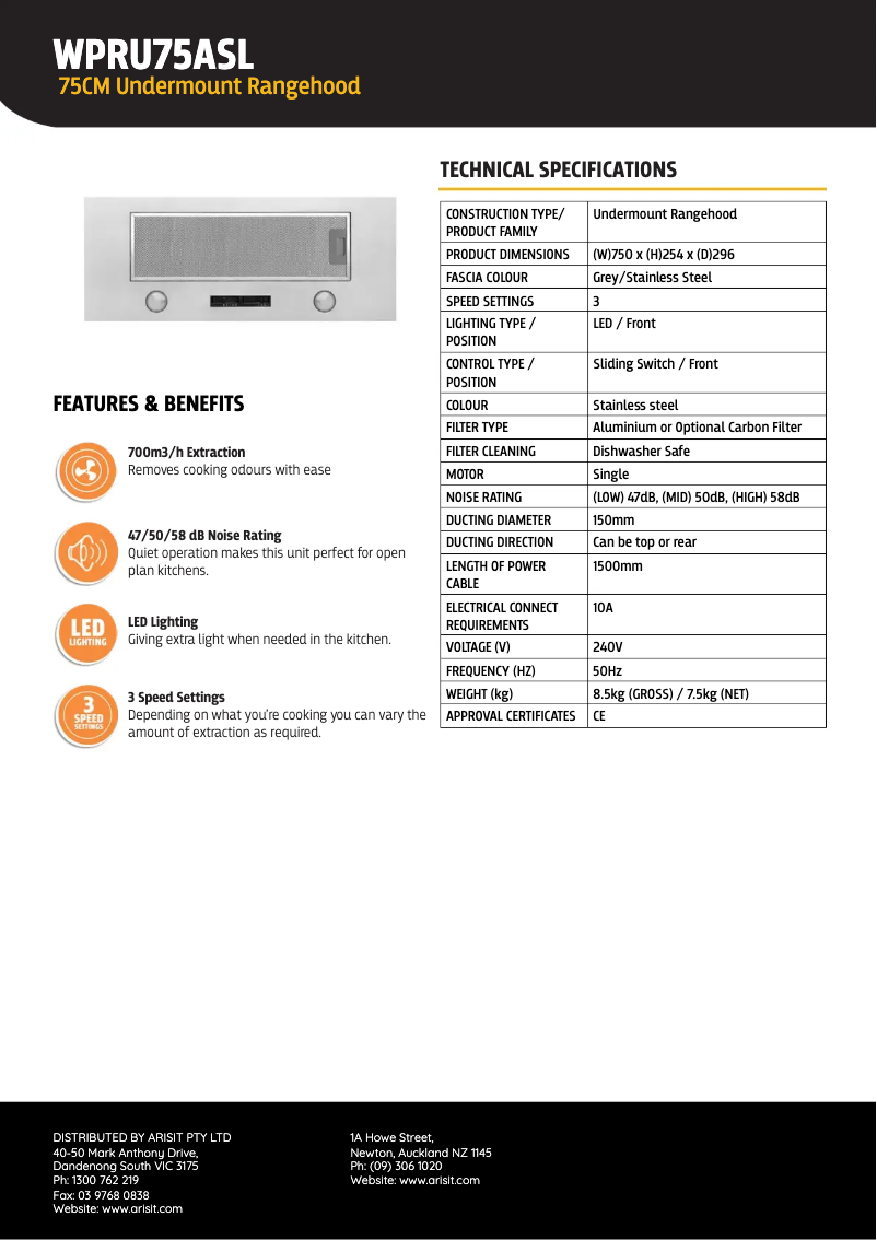 Página 1 del manual Ficha técnica Tisira WPRU75ASL