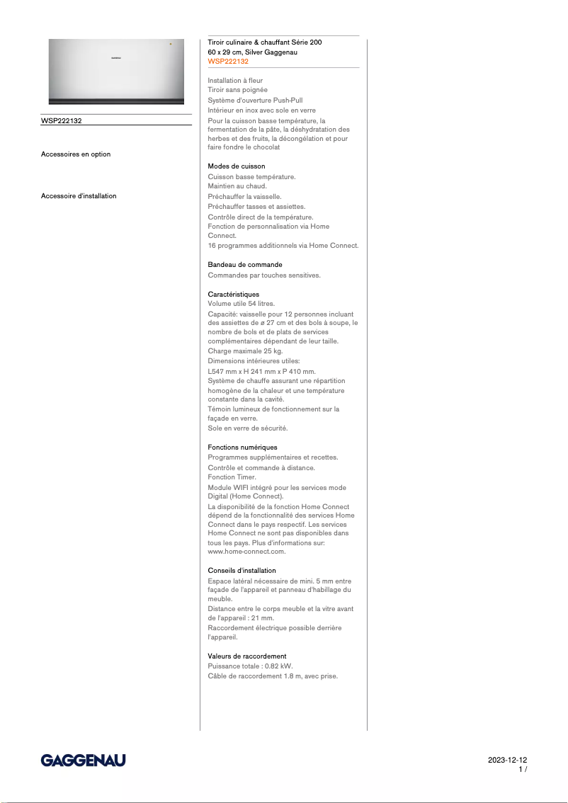 Page 1 de la notice Fiche technique Gaggenau WSP222132