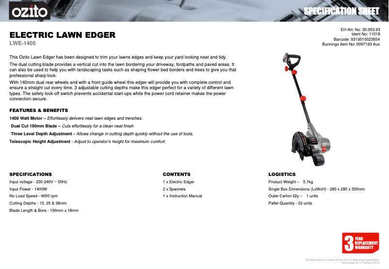 Page n°1 - Fiche technique Ozito LWE-1405