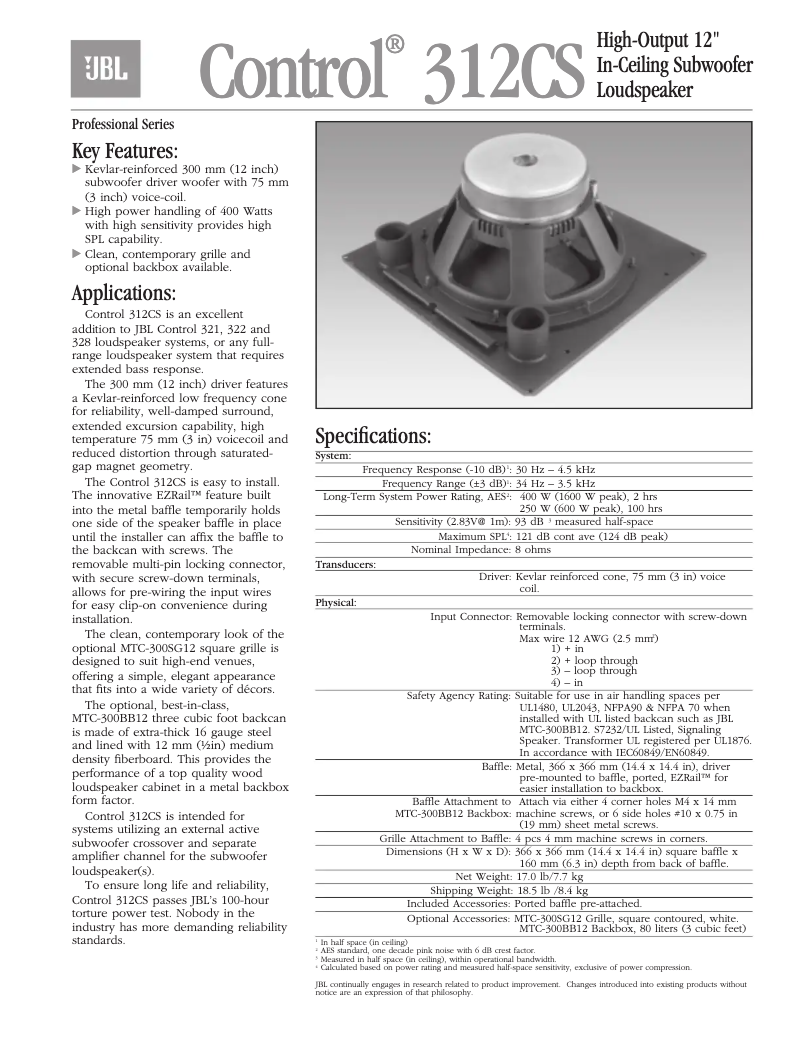 Page n°1 - Fiche technique JBL Control 312CS