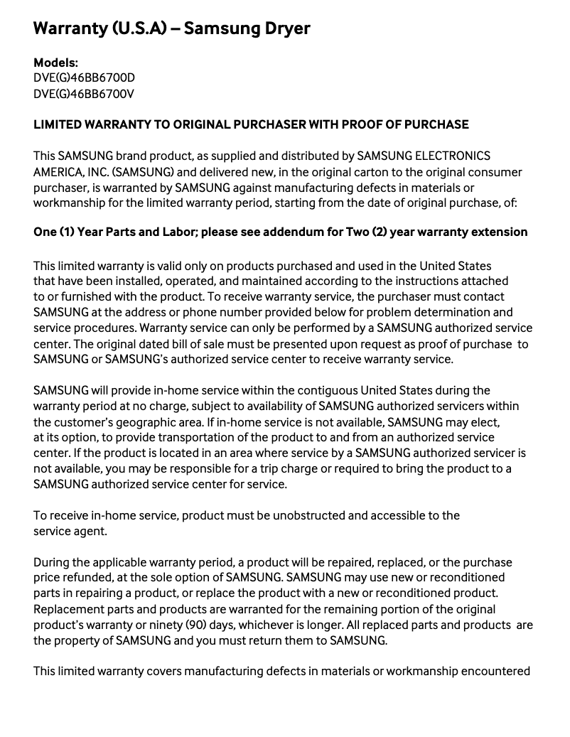 Página 1 del manual Información de garantía Samsung DVE46BB6700D