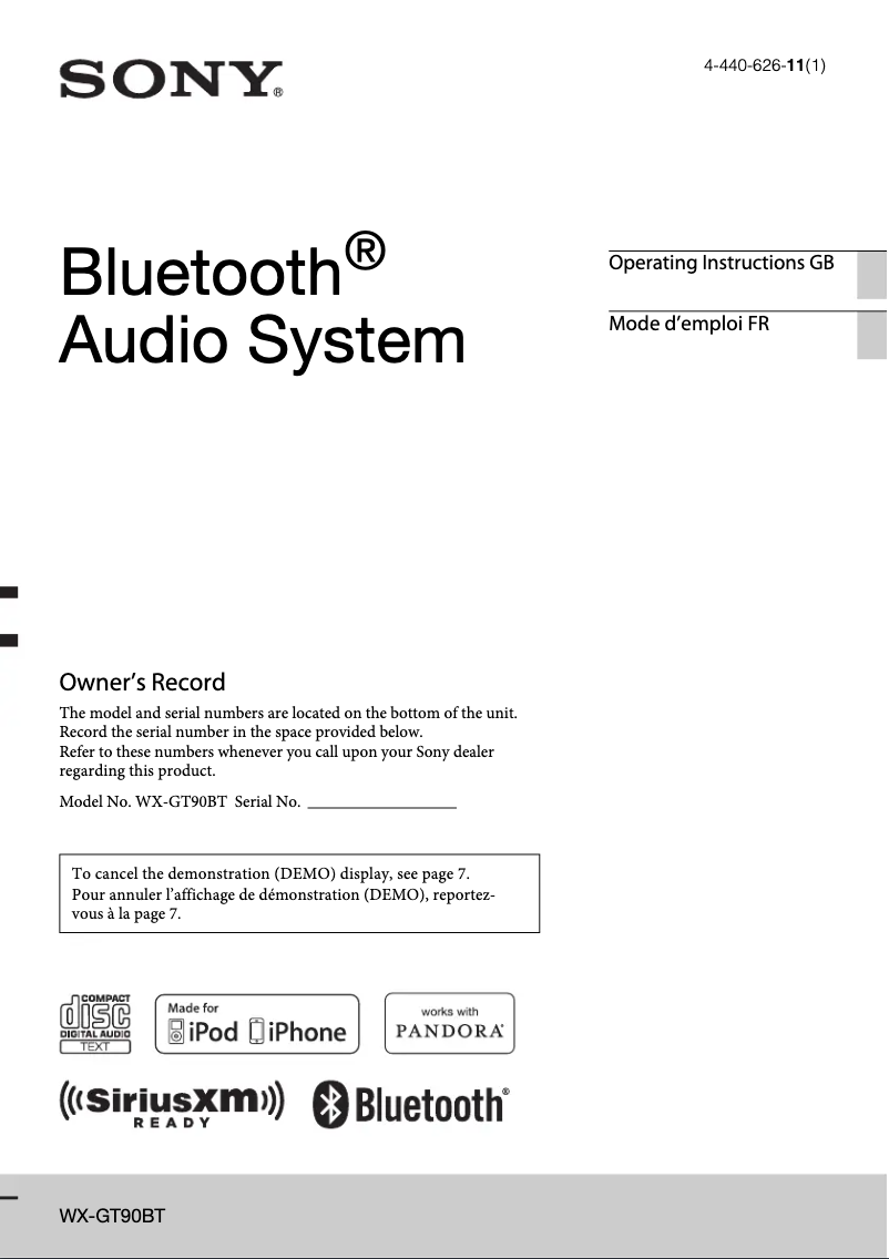Página 1 del manual Manual de usuario Sony WX-GT90BT