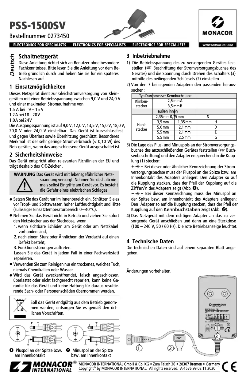 Page n°1 - Manuel utilisateur Monacor PSS-1500SV