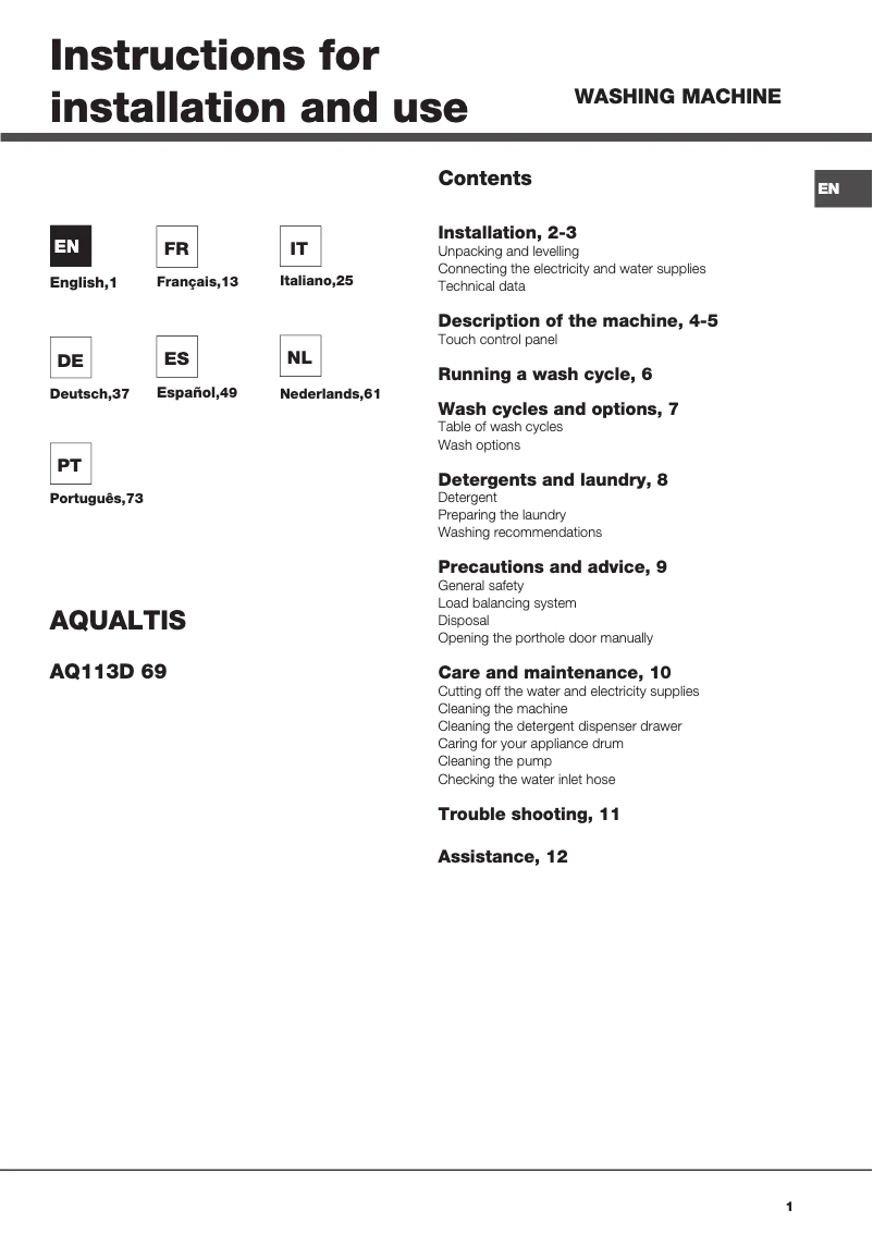 Page n°1 - Manuel utilisateur Hotpoint Ariston Aqualtis AQ113D 69 EU/A