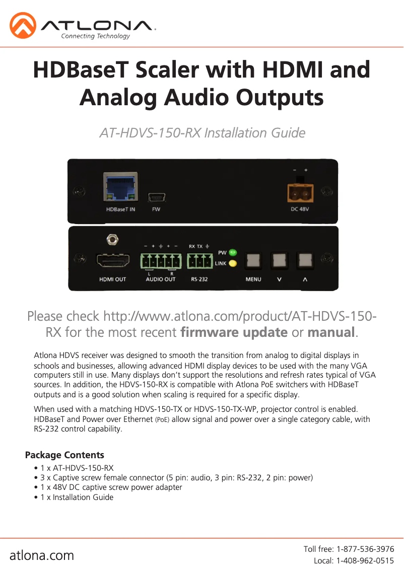 Page 1 de la notice Guide d'installation Atlona AT-HDVS-150-RX