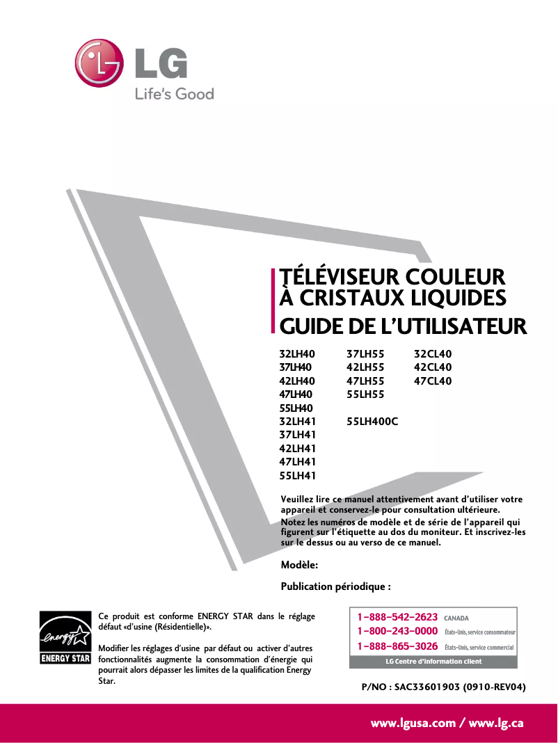 Page 1 de la notice Manuel utilisateur LG 55LH40