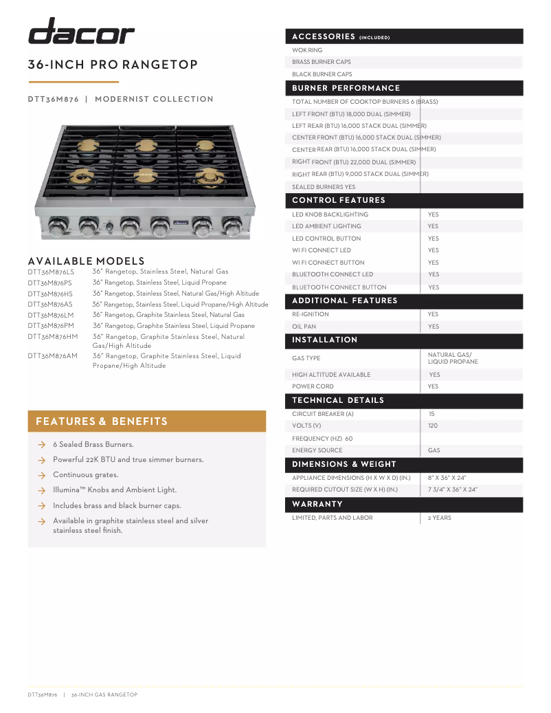 Page 1 de la notice Fiche technique Dacor DTT36M876LM