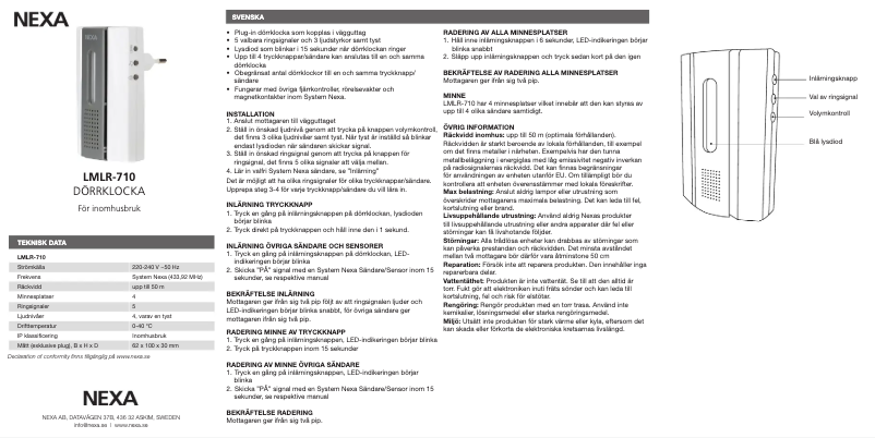 Page 1 de la notice Manuel utilisateur Nexa LMLR-710