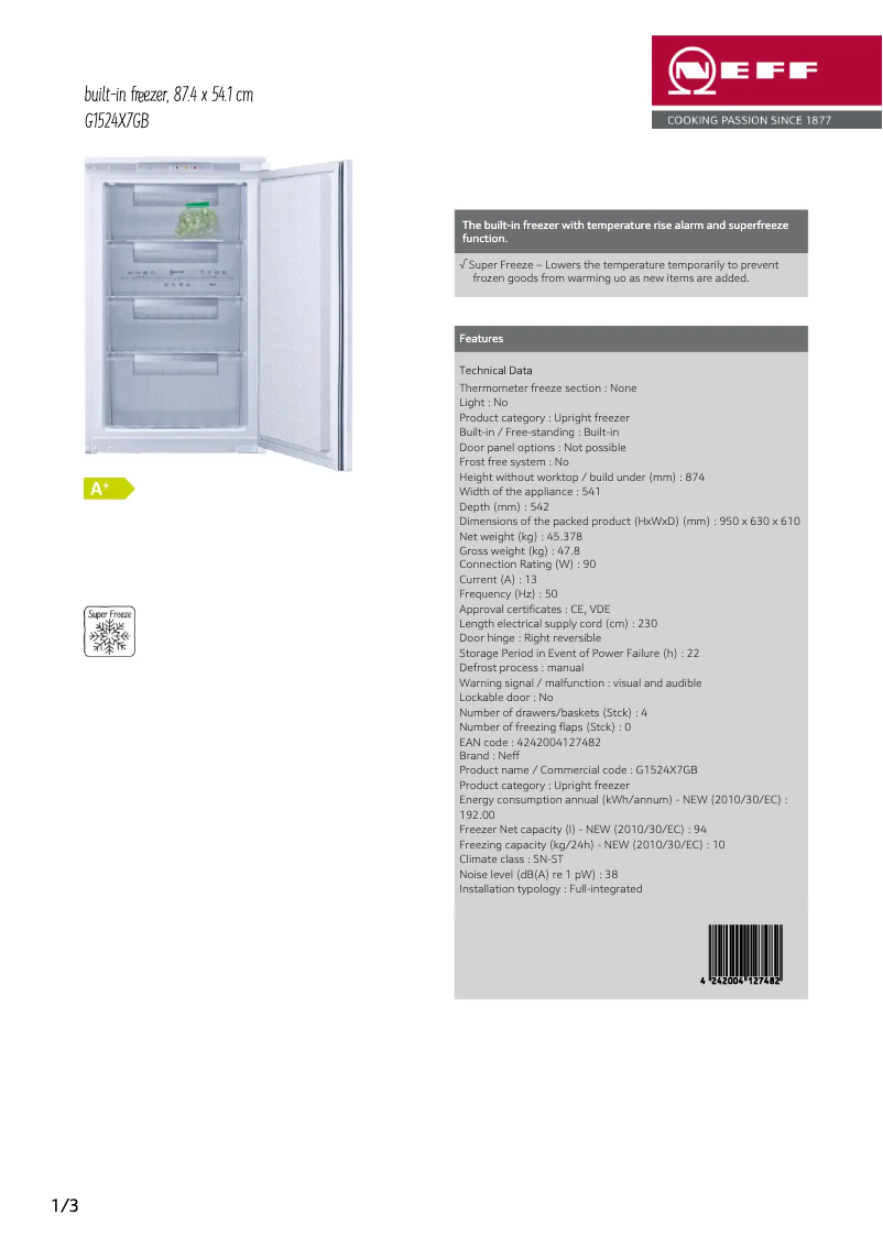 Page 1 de la notice Fiche technique Neff G1524X7GB