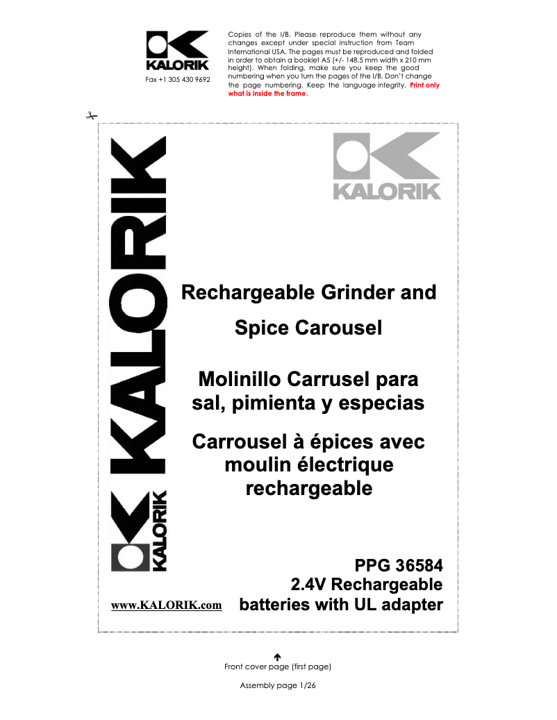 Page n°1 - Manuel utilisateur Kalorik PPG 36584