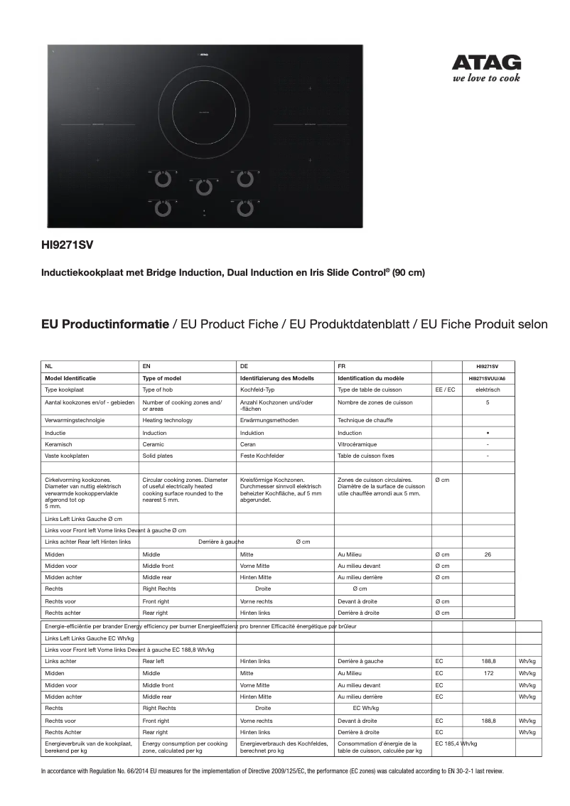 Page 1 de la notice Fiche technique Atag HI9271SV