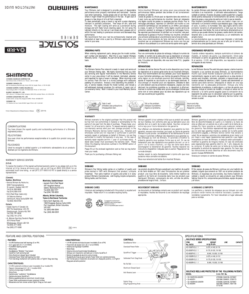 Page n°1 - Manuel utilisateur Shimano Solstace 2000FH