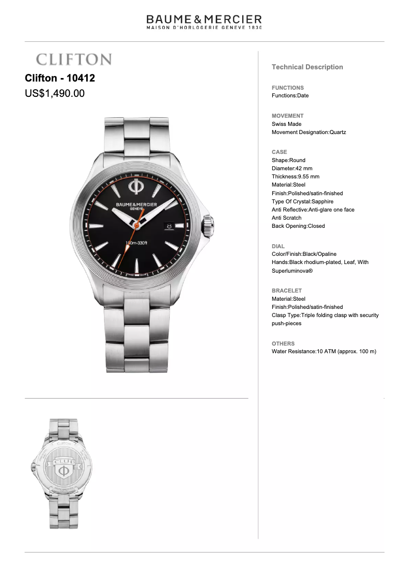 Page n°1 - Manuel utilisateur Baume & Mercier Clifton 10412