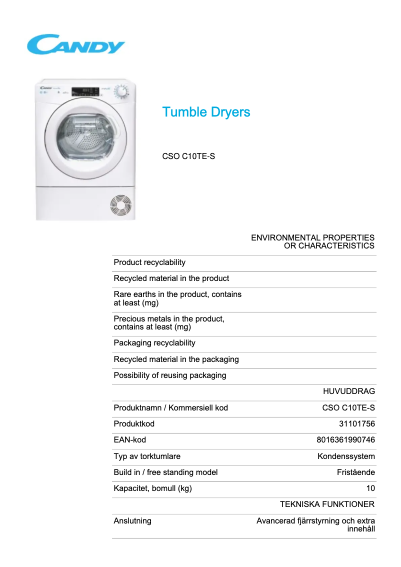 Page 1 de la notice Fiche technique Candy CSO C10TE-S