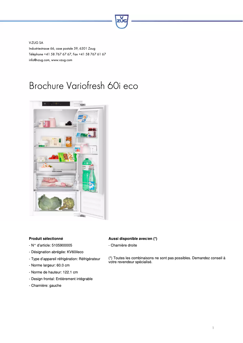 Page 1 de la notice Manuel utilisateur V-Zug KV60ileco