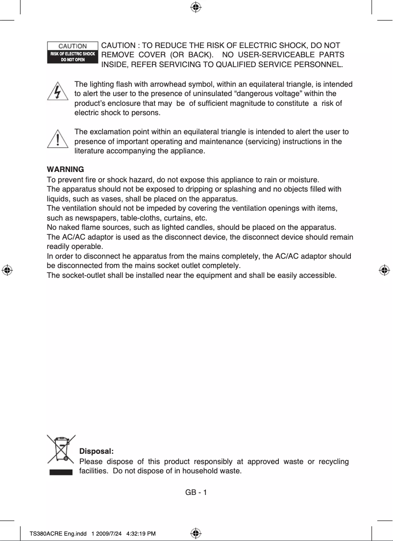 Page 1 de la notice Manuel utilisateur Soundmaster TS380