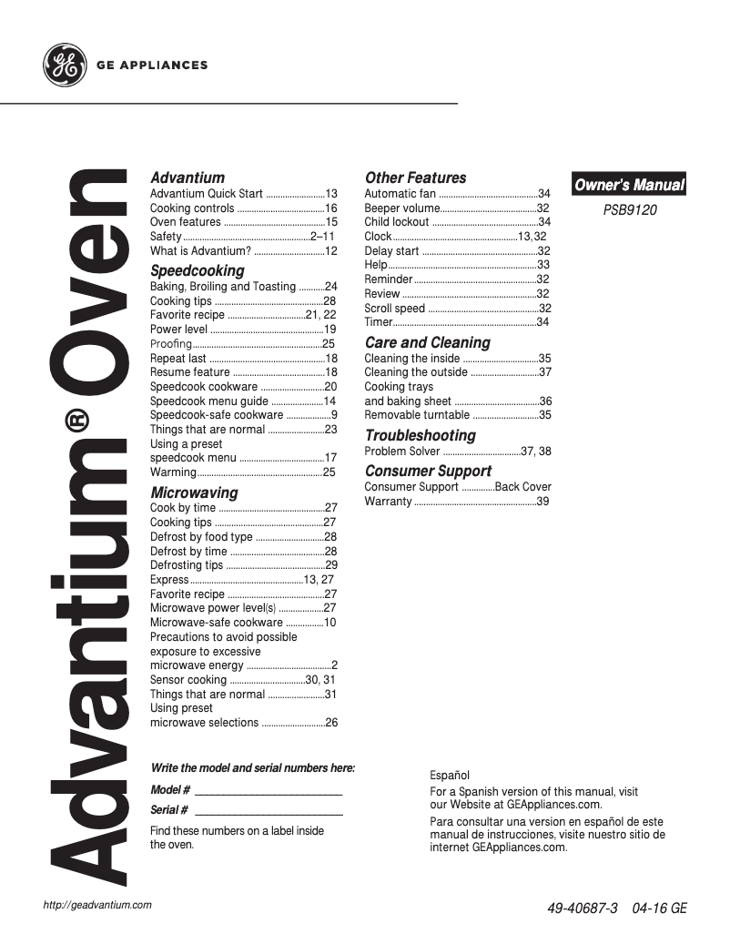 First page image of the manual for Profile PSB9120DFWW