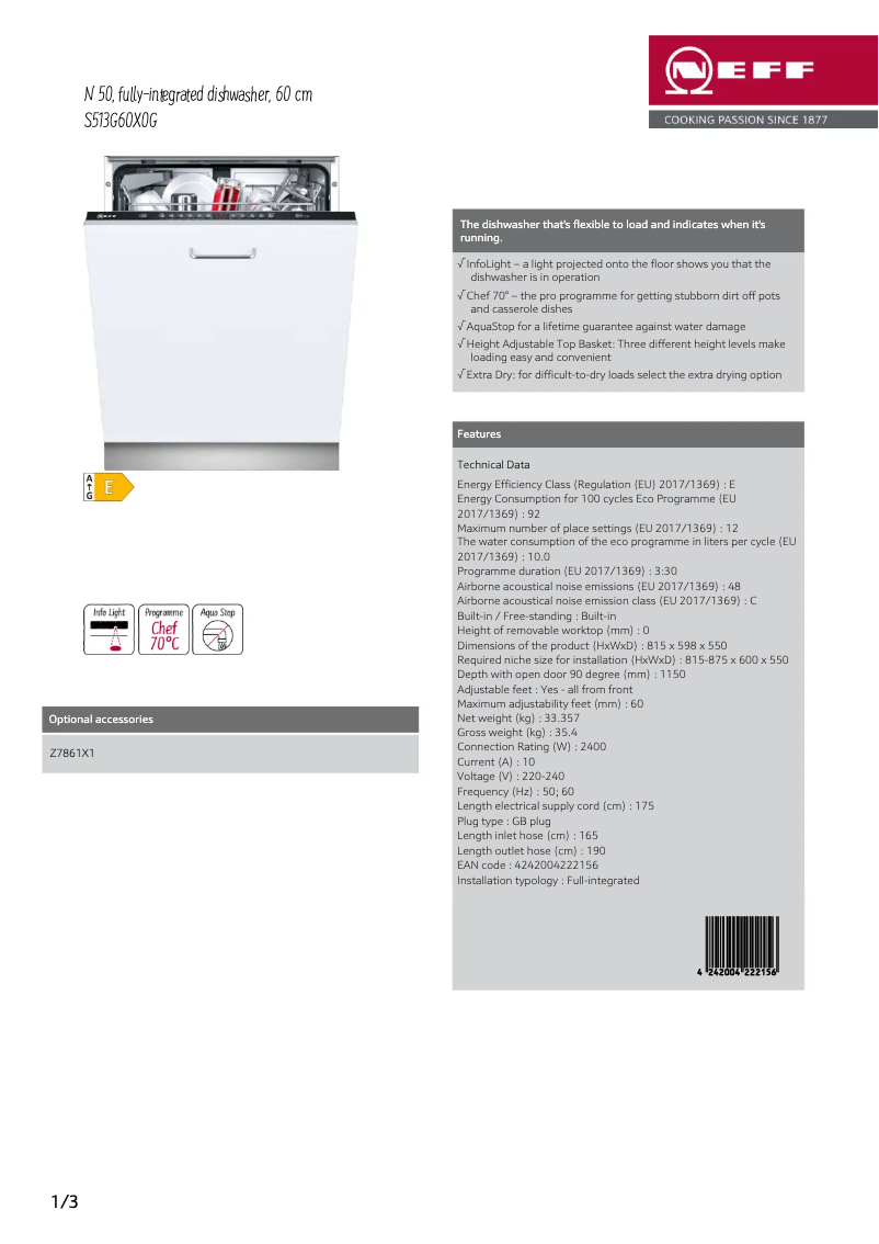 Page 1 de la notice Fiche technique Neff S513G60X0G