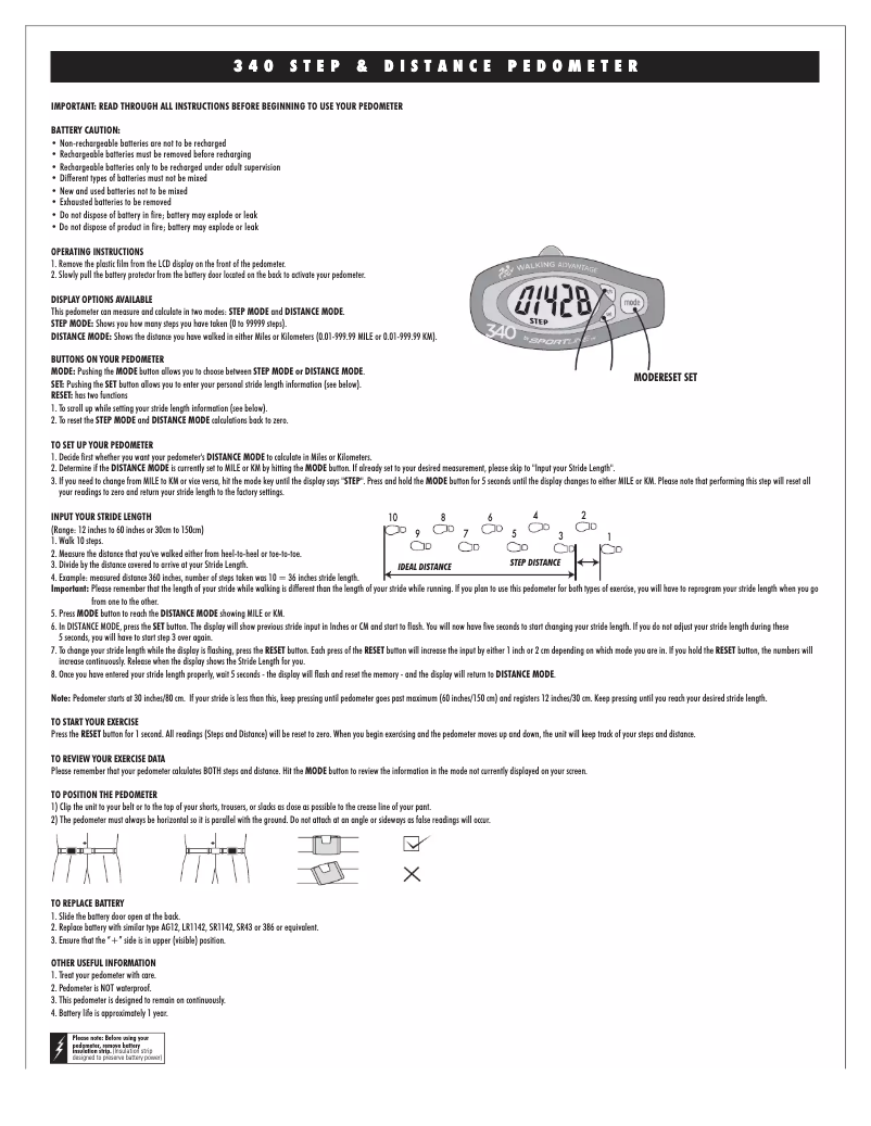 Image de la première page du manuel de l'appareil Distance 340