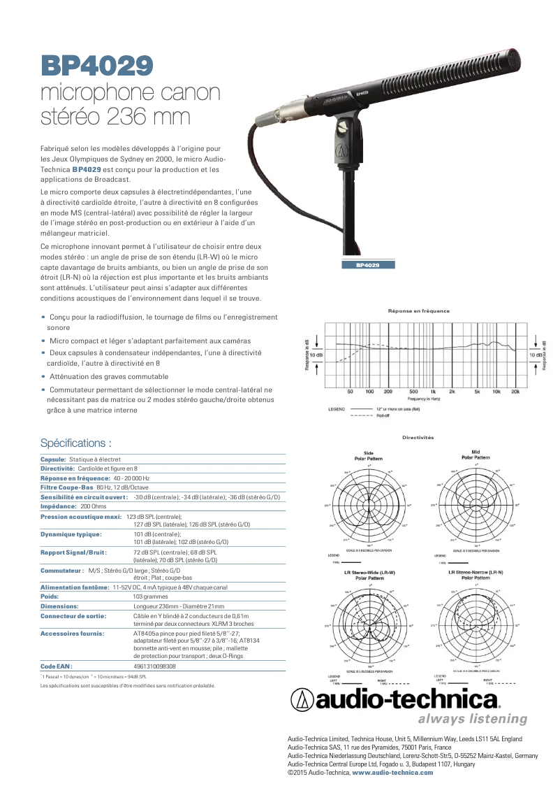 Page n°1 - Guide de démarrage rapide Audio-Technica BP4029
