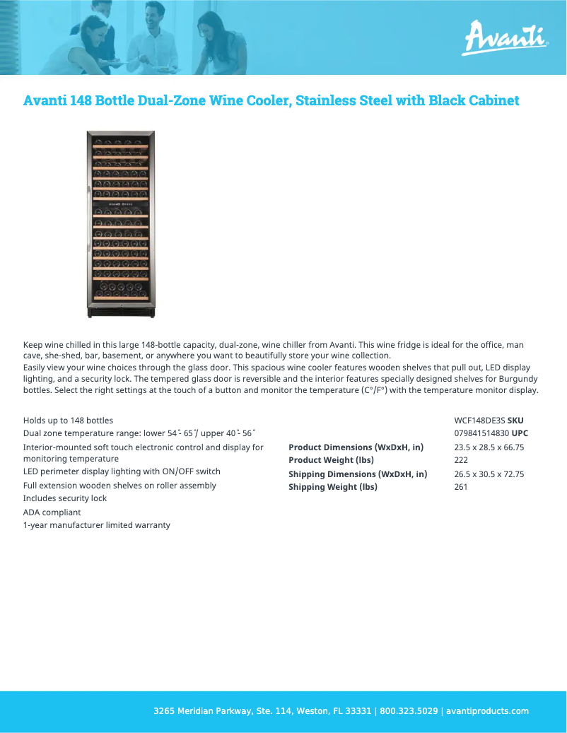 Page 1 de la notice Fiche technique Avanti WCF148DE3S