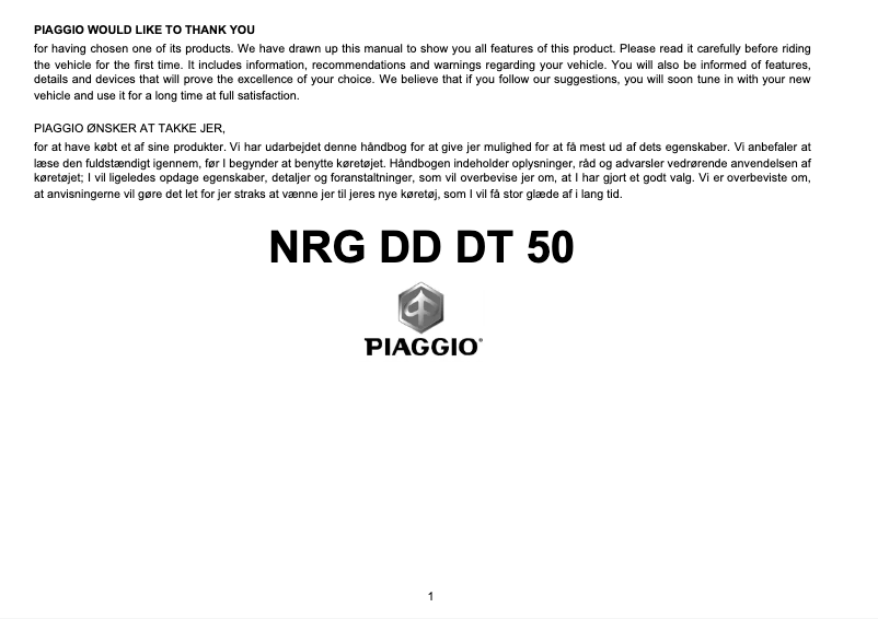 Page 1 de la notice Manuel utilisateur Piaggio NRG DD DT 50