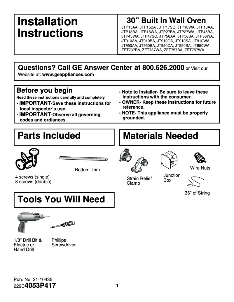 Page 1 de la notice Guide d'installation GE JTP27WDWW