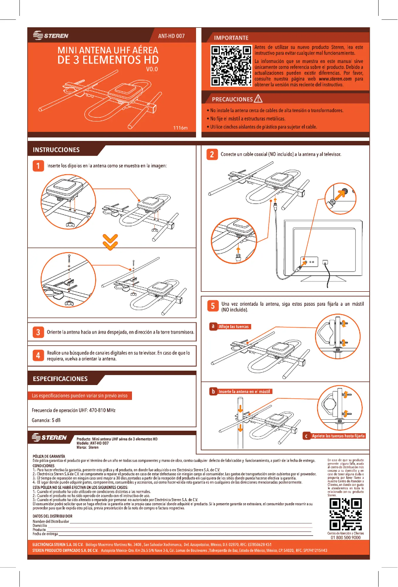Page n°1 - Manuel utilisateur Steren ANT-HD 007