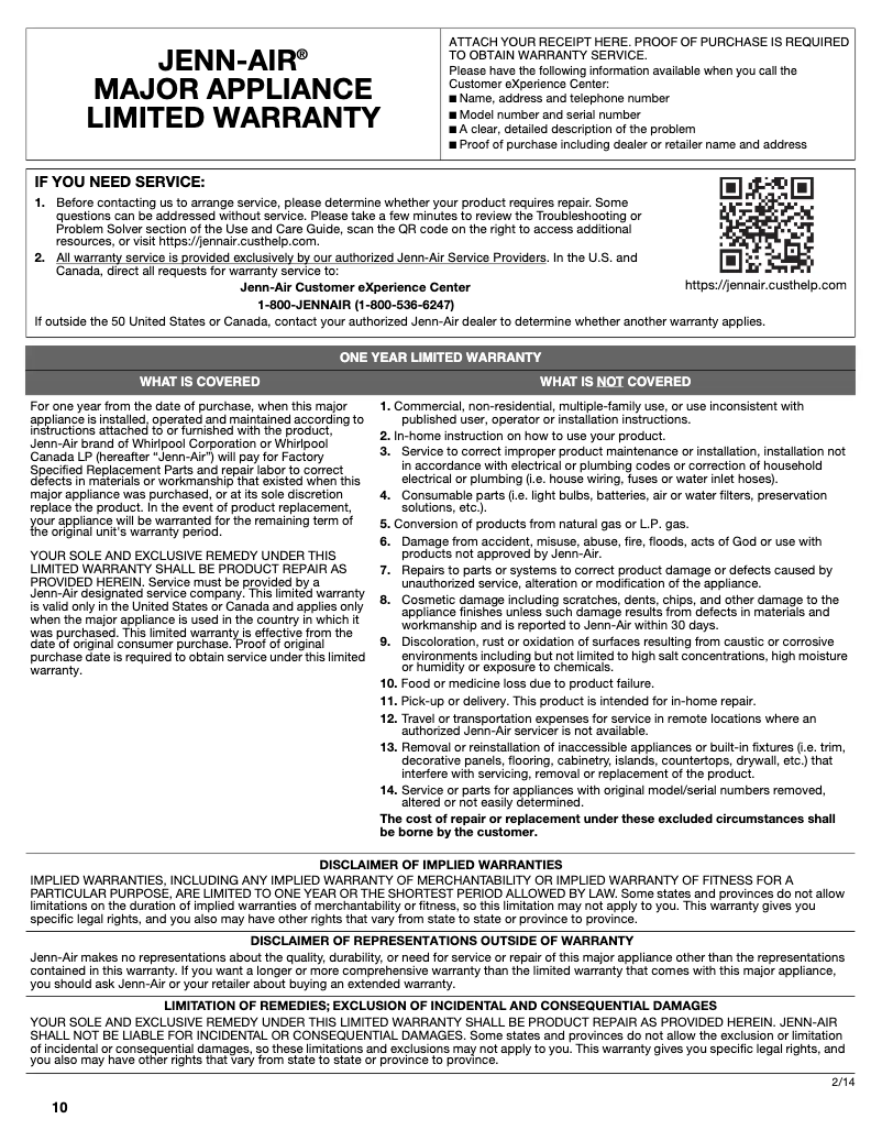 Page n°1 - Informations de garantie JennAir JWD3030EX