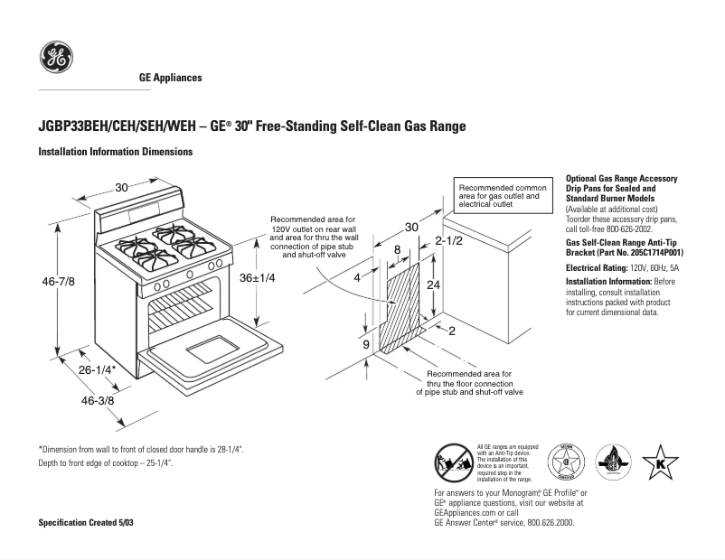 Page 1 de la notice Fiche technique GE JGBP33WEHWW