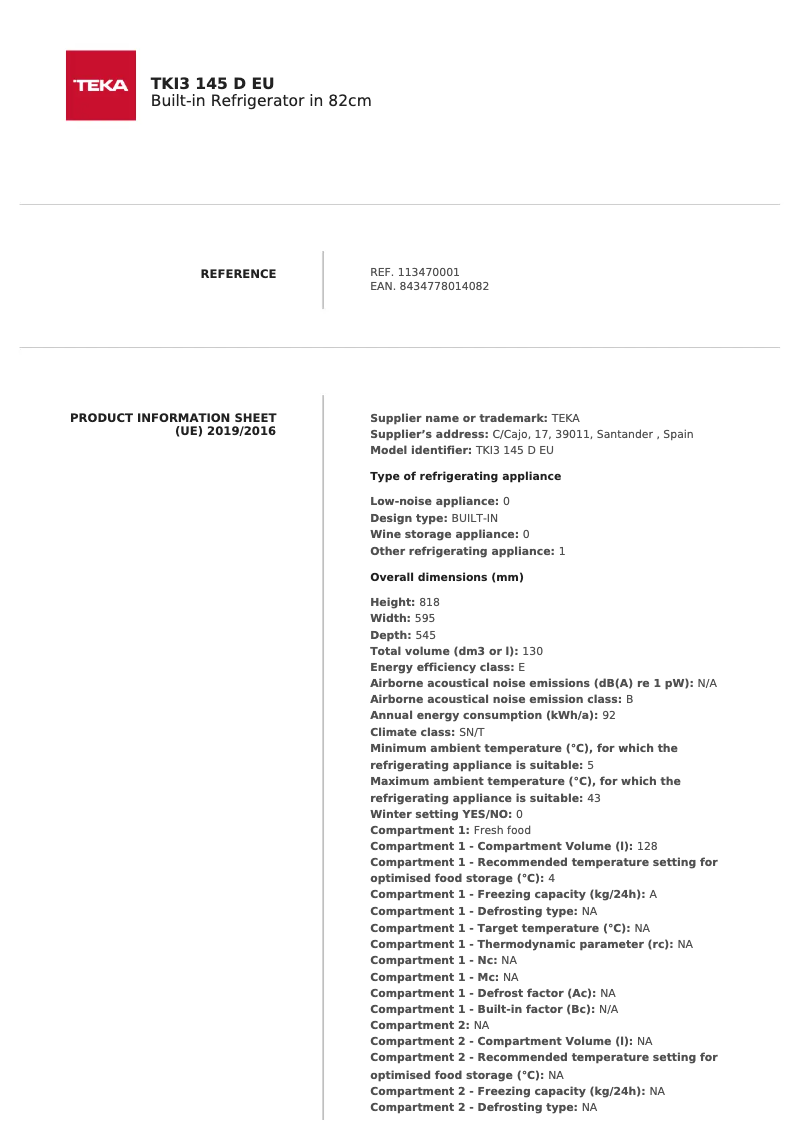 Page 1 de la notice Fiche technique Teka TKI3 145 D