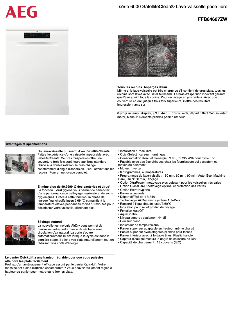 Page 1 de la notice Fiche technique AEG FFB64607ZW