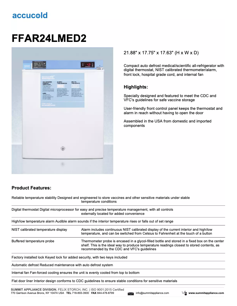 Page n°1 - Fiche technique Summit Accucold FFAR24LMED2