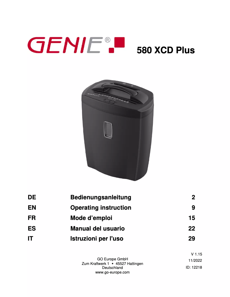 First page image of the manual for 580 XCD Plus