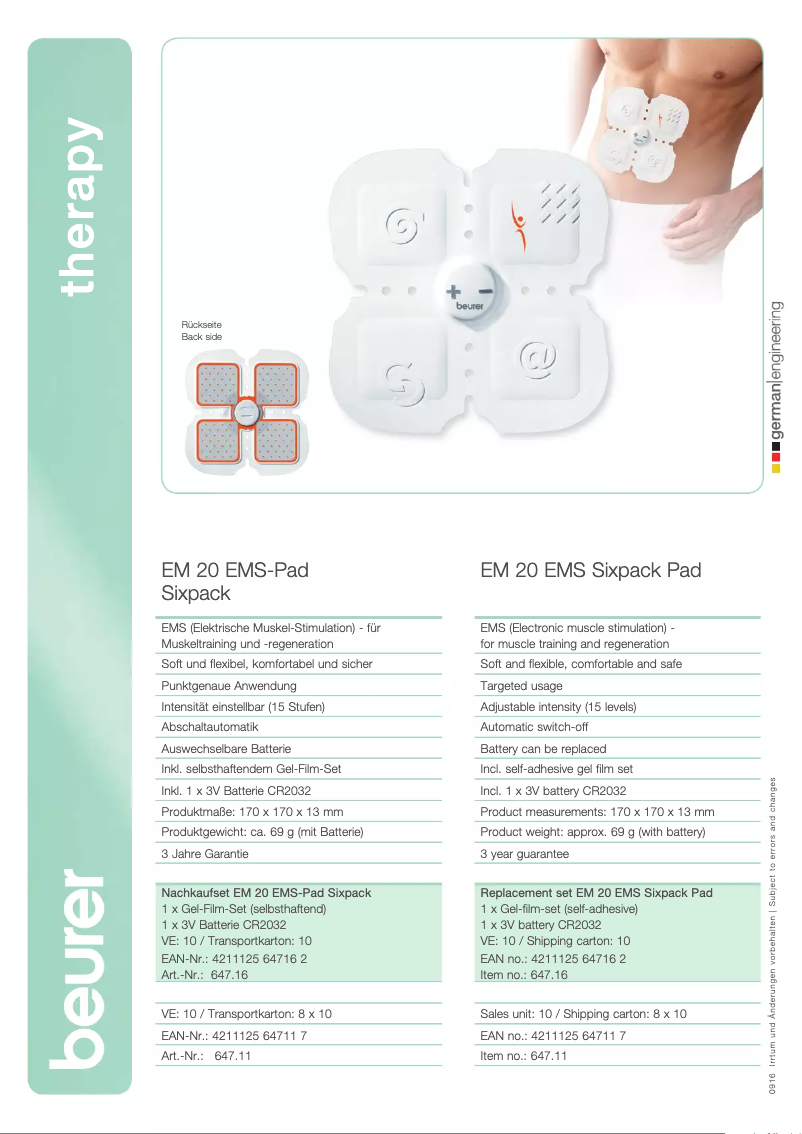 Page n°1 - Manuel utilisateur Beurer EM 20 EMS-Pad Sixpack