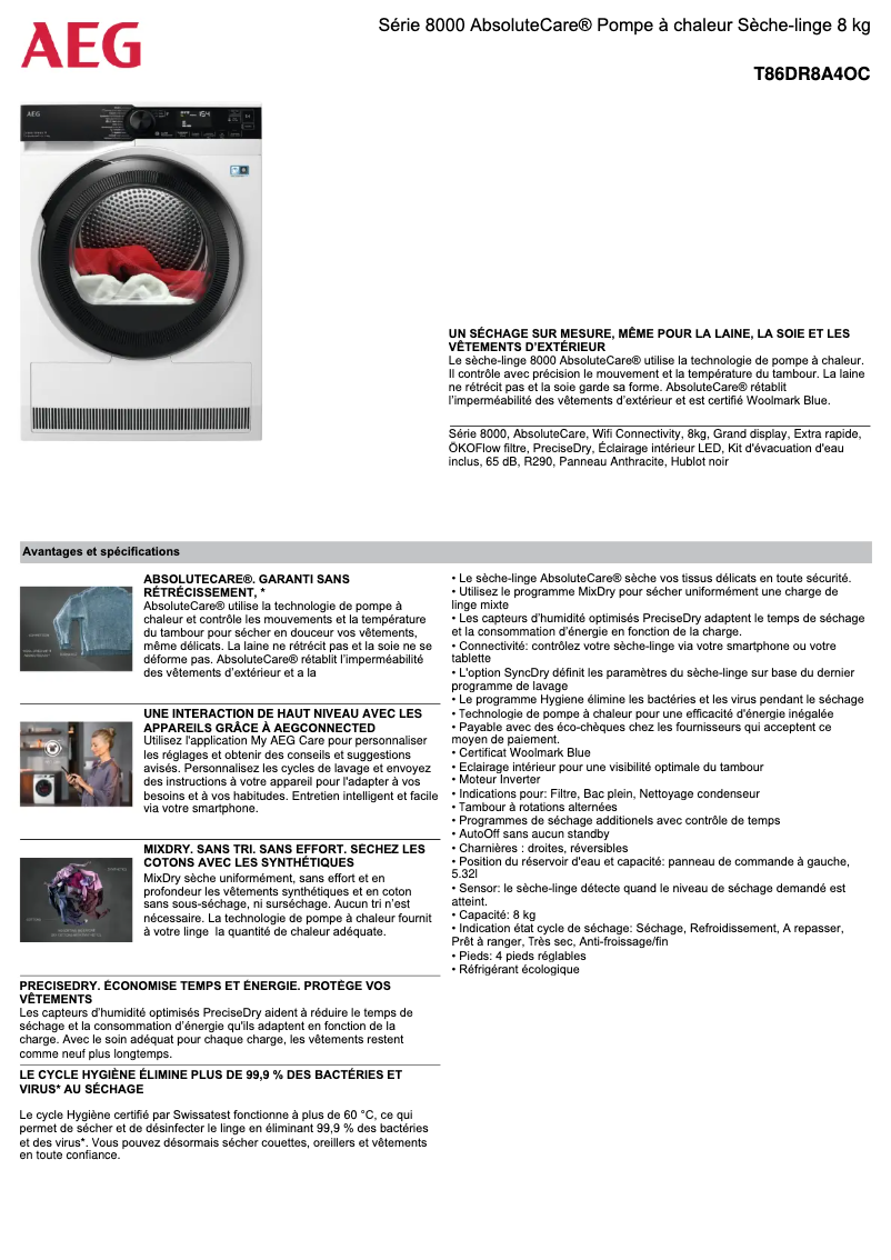 Page 1 de la notice Fiche technique AEG T86DR8A4OC