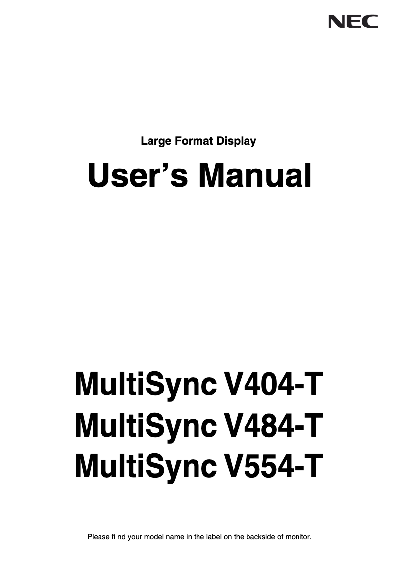 Page n°1 - Manuel utilisateur NEC MultiSync V484-T