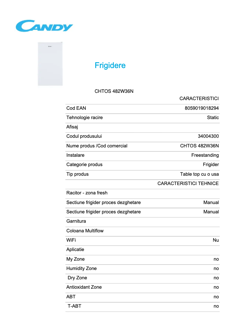 Page 1 de la notice Fiche technique Candy CHTOS 482W36N
