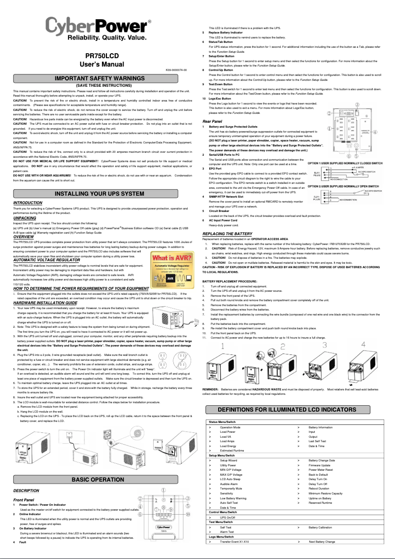 Page 1 de la notice Manuel utilisateur CyberPower PR750LCDTAA