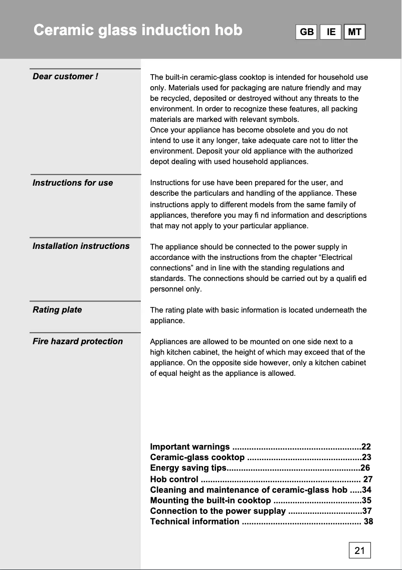 Page 1 de la notice Manuel utilisateur Gorenje EIT 795 C