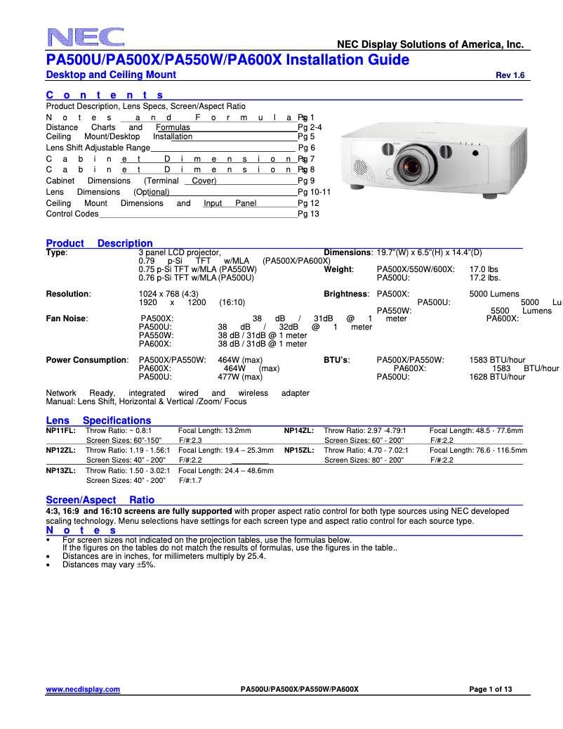 Page 1 de la notice Manuel utilisateur NEC PA500U-13ZL