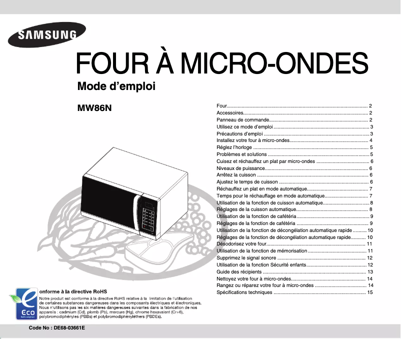 Page 1 de la notice Manuel utilisateur Samsung MW86N