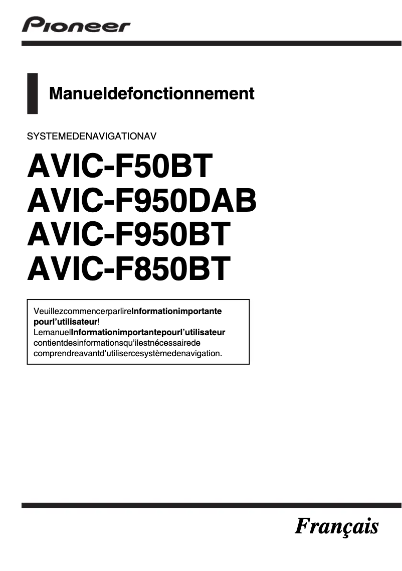 Page 1 de la notice Manuel utilisateur Pioneer AVIC-F950DAB