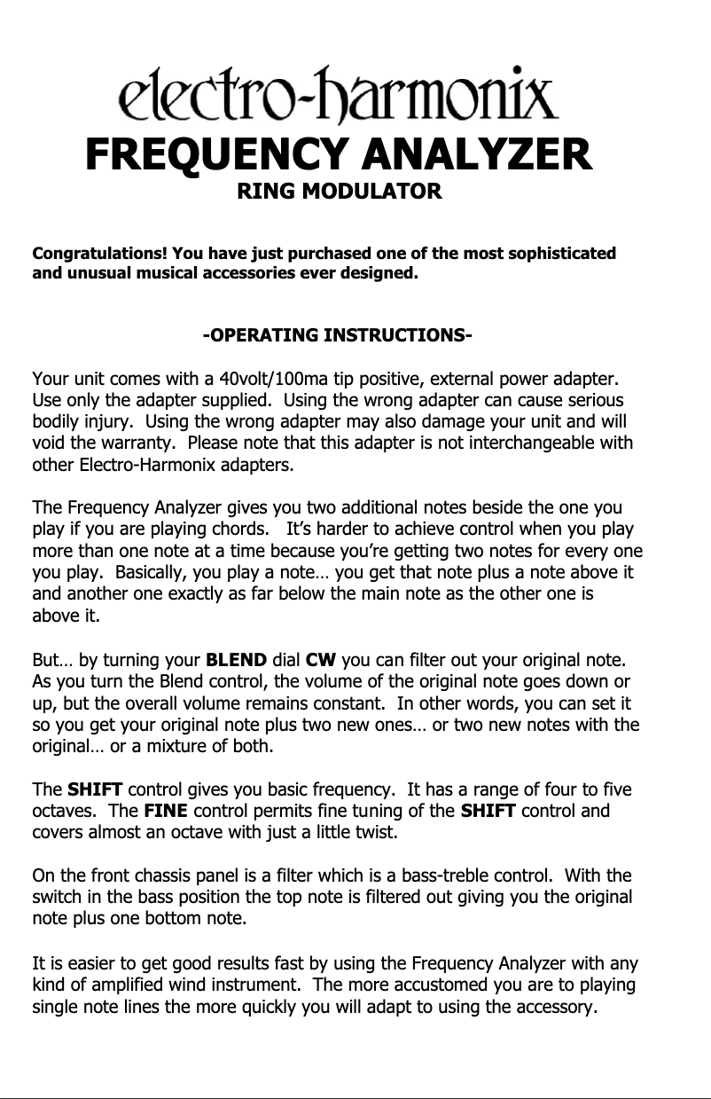 Page 1 de la notice Manuel utilisateur Electro Harmonix FREQUENCY ANALYZER