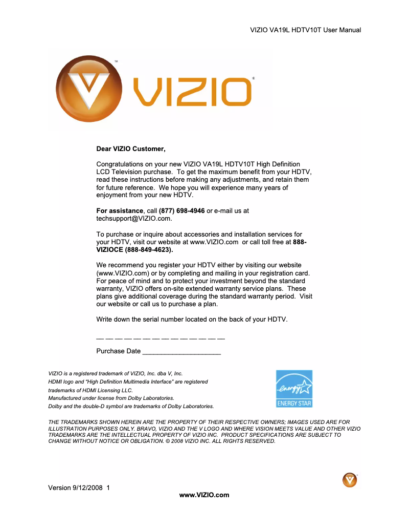 Page n°1 - Manuel utilisateur VIZIO VA19L