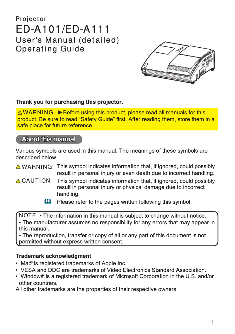 Page 1 de la notice Manuel utilisateur Hitachi ED0-A111