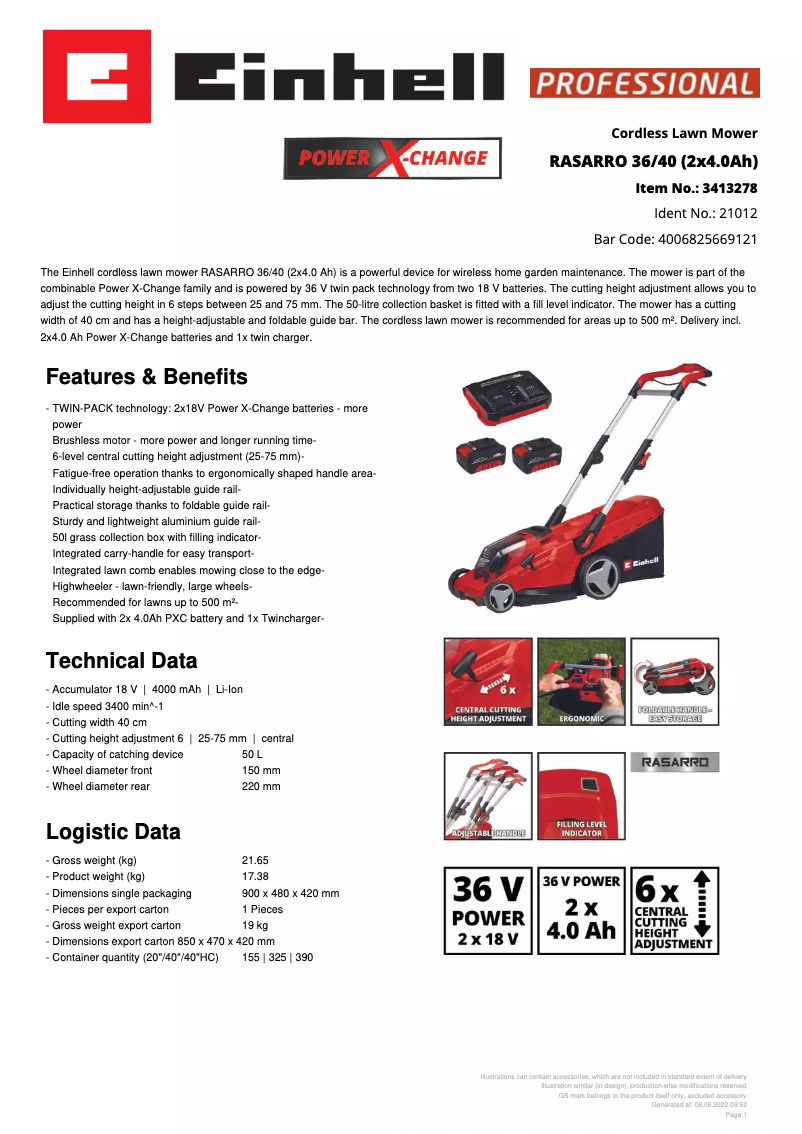 Page 1 de la notice Fiche technique Einhell RASARRO 36/40