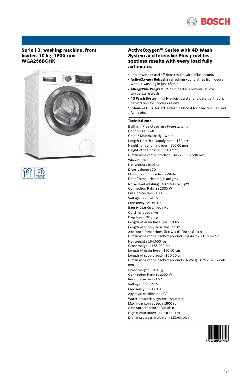 Página 1 del manual Ficha técnica Bosch WGA256BGHK