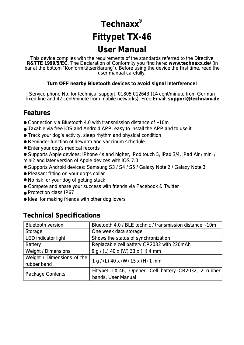 Page 1 de la notice Manuel utilisateur Technaxx Fittypet TX-46
